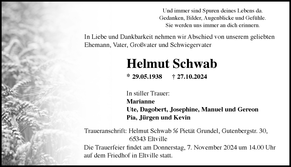  Traueranzeige für Helmut Schwab vom 02.11.2024 aus Rheingau Kurier
