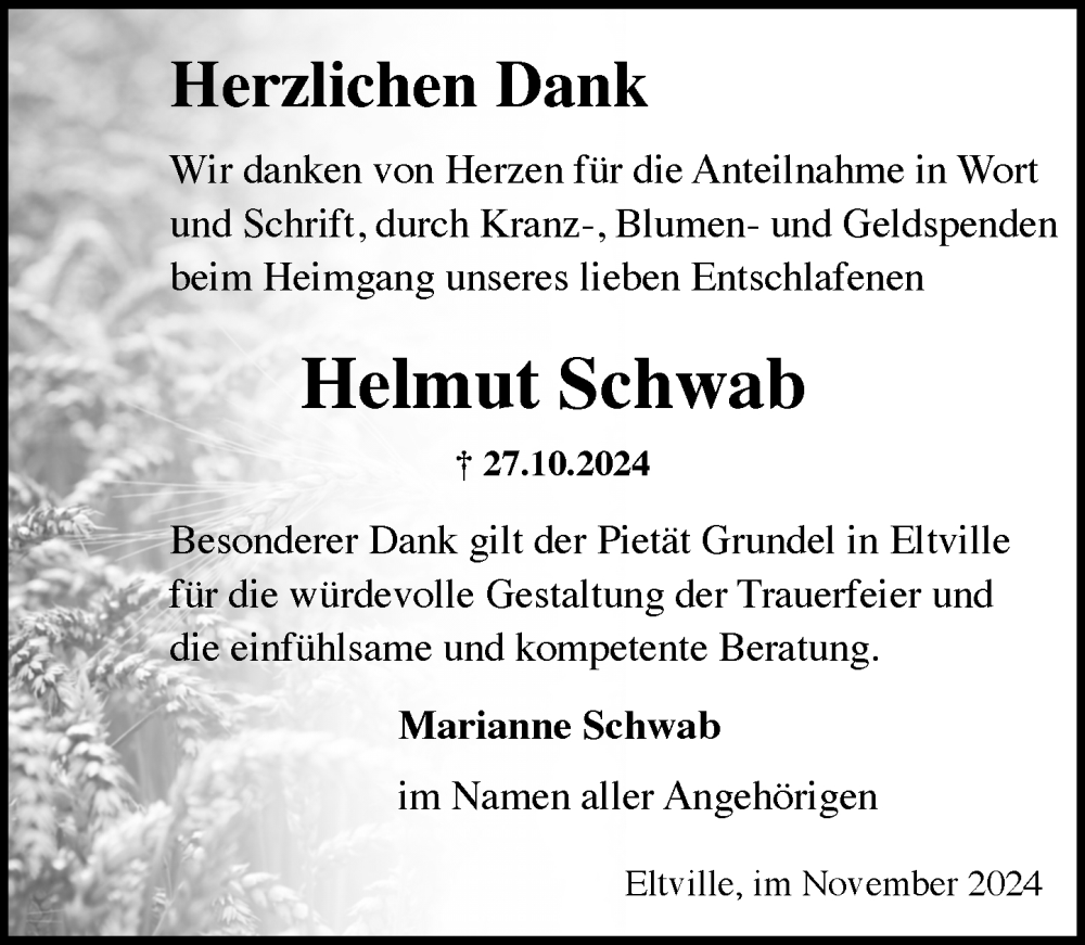  Traueranzeige für Helmut Schwab vom 23.11.2024 aus Rheingau Kurier