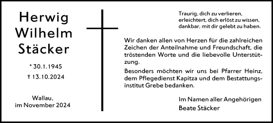 Traueranzeige von Herwig Wilhelm Stäcker von Hinterländer Anzeiger