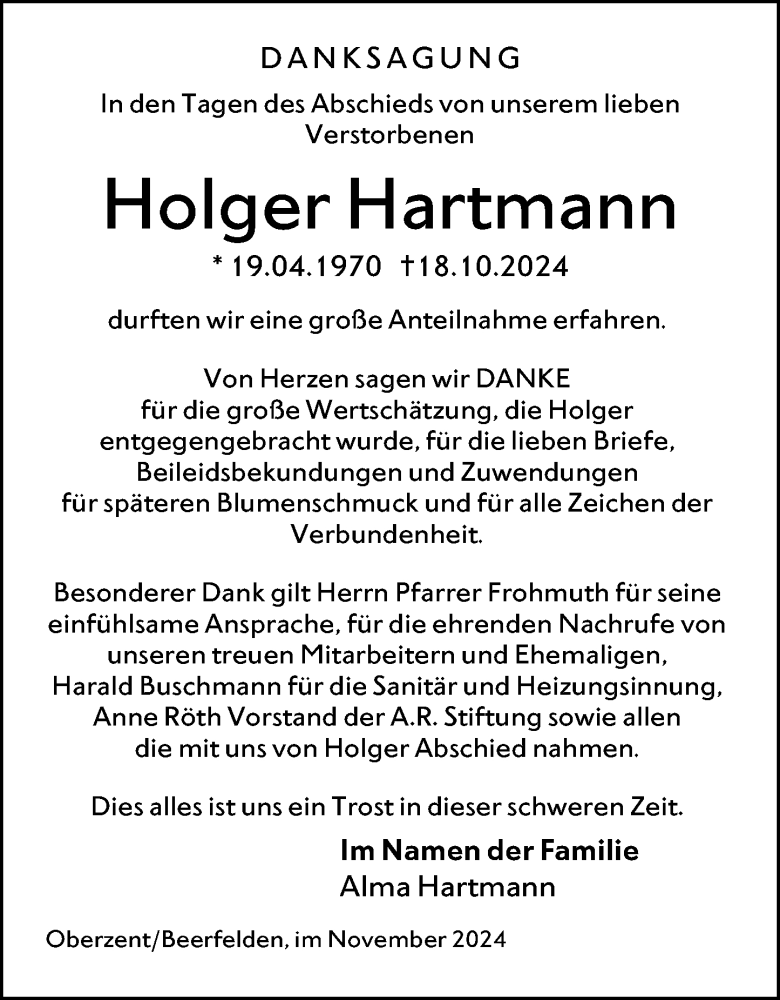  Traueranzeige für Holger Hartmann vom 16.11.2024 aus Odenwälder Echo