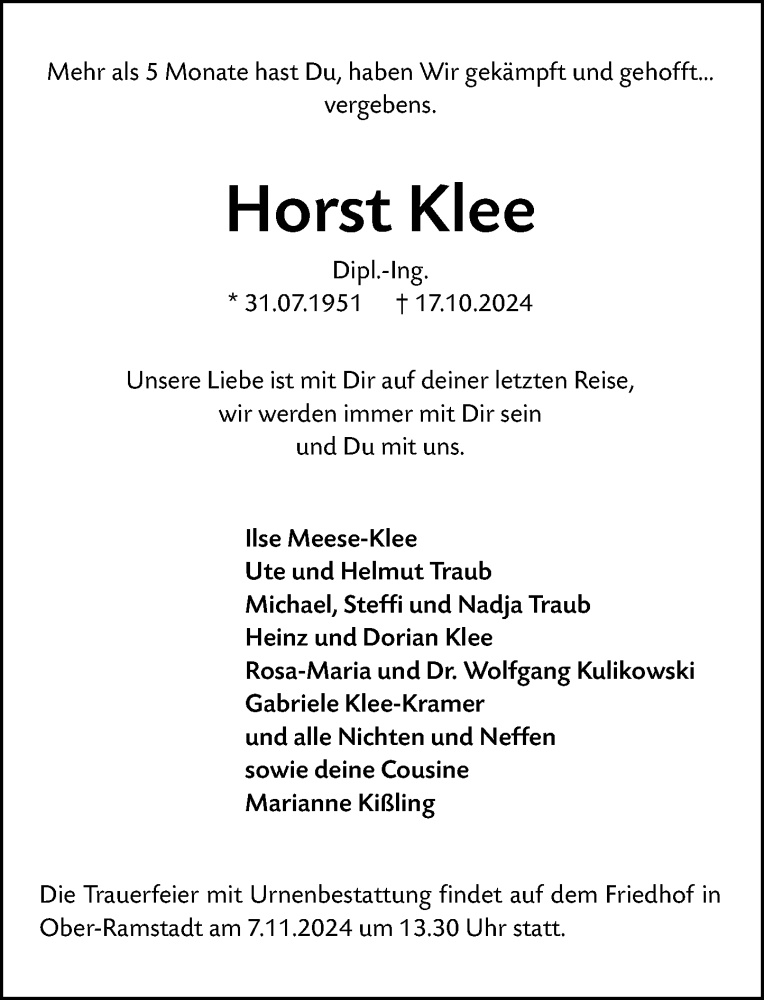  Traueranzeige für Horst Klee vom 02.11.2024 aus Darmstädter Echo