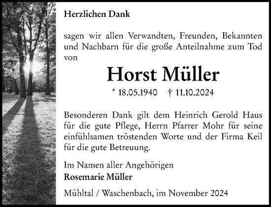 Traueranzeige von Horst Müller von Darmstädter Echo