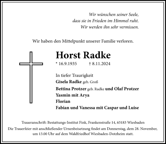 Traueranzeige von Horst Radke von Wiesbadener Kurier