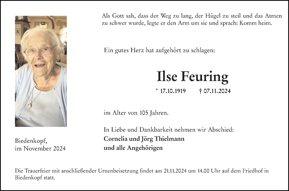  Traueranzeige für Ilse Feuring vom 16.11.2024 aus Hinterländer Anzeiger