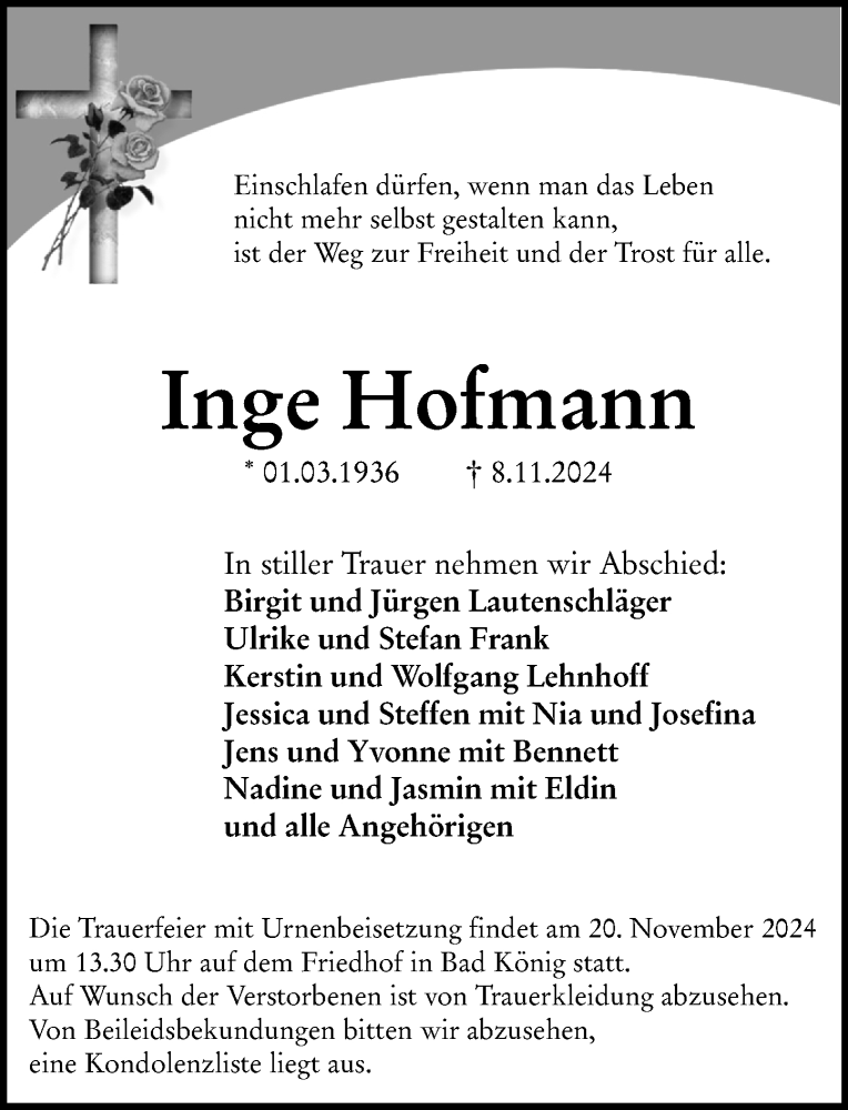  Traueranzeige für Inge Hofmann vom 16.11.2024 aus Odenwälder Echo