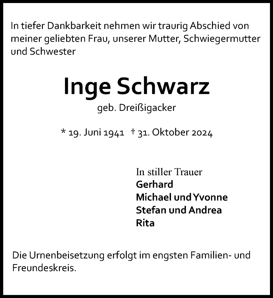  Traueranzeige für Inge Schwarz vom 09.11.2024 aus Allgemeine Zeitung Mainz