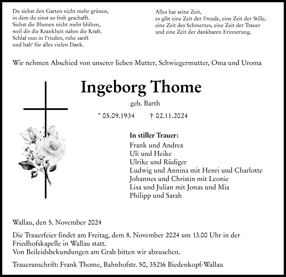  Traueranzeige für Ingeborg Thome vom 05.11.2024 aus Hinterländer Anzeiger