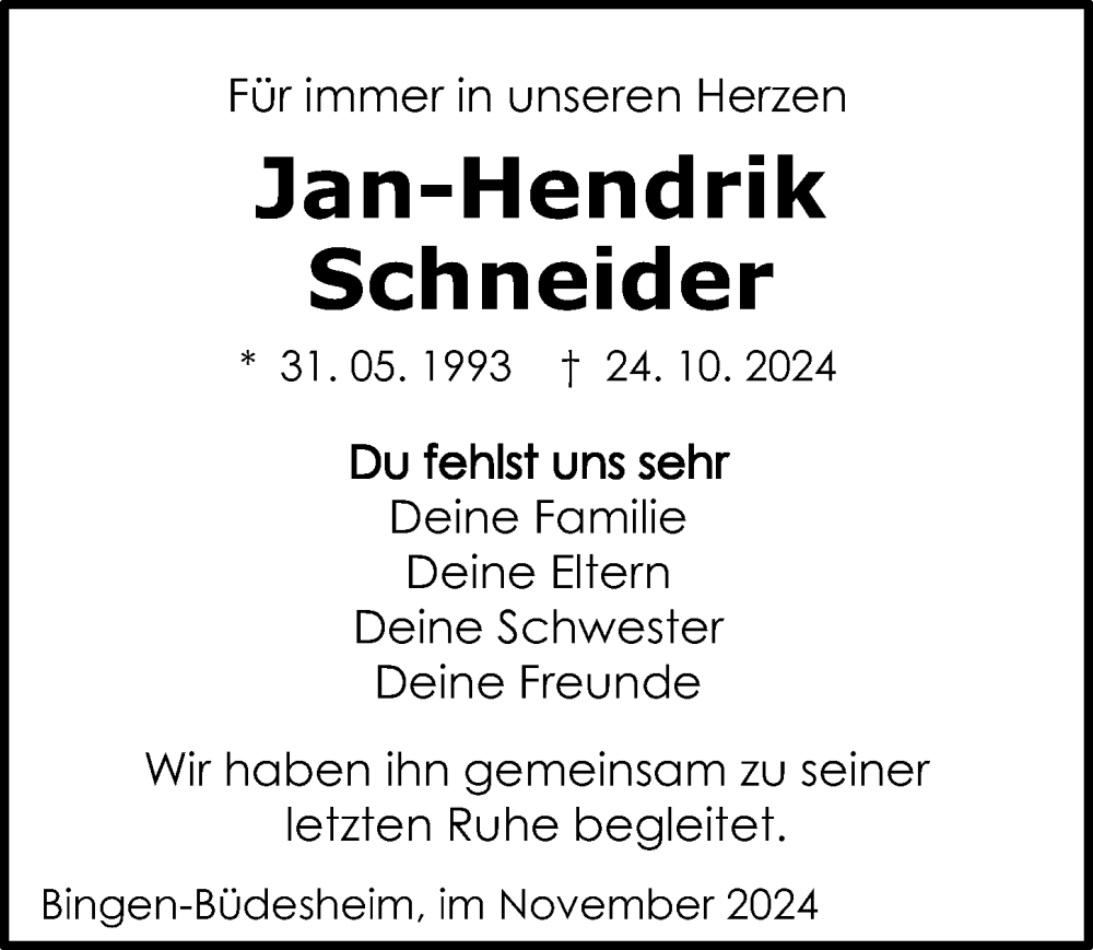  Traueranzeige für Jan-Hendrik Schneider vom 30.11.2024 aus Binger-/Ingelheimer Wochenblatt
