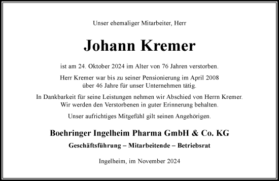 Traueranzeige von Johann Kremer von Allgemeine Zeitung Rheinhessen-Nahe