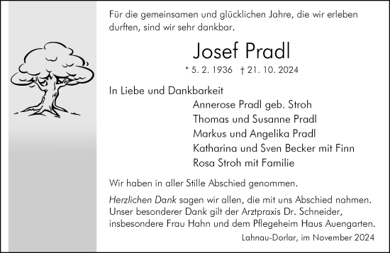 Traueranzeige von Josef Pradl von Wetzlarer Neue Zeitung