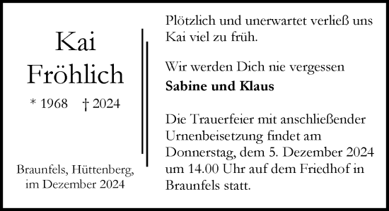 Traueranzeige von Kai Fröhlich von Wetzlarer Neue Zeitung