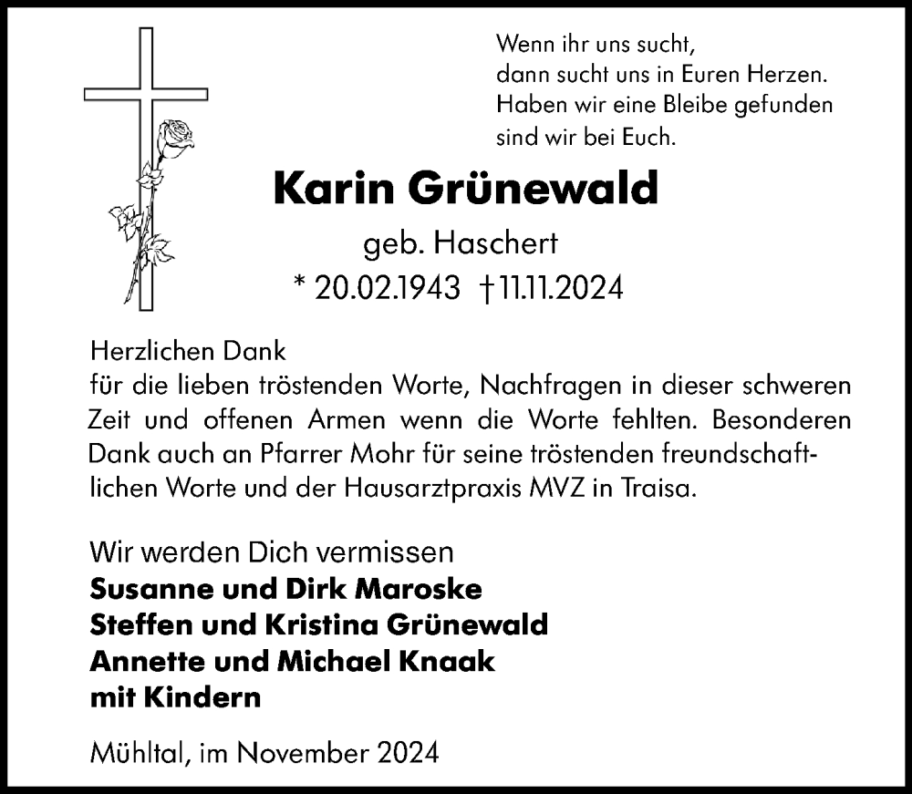  Traueranzeige für Karin Grünewald vom 30.11.2024 aus Darmstädter Echo