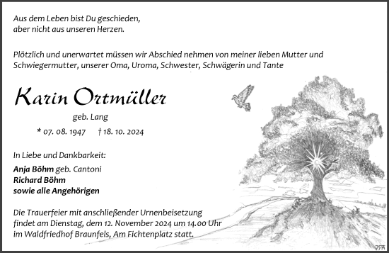 Traueranzeige von Karin Ortmüller von Wetzlarer Neue Zeitung