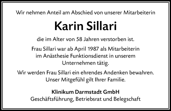 Traueranzeige von Karin Sillari von Darmstädter Echo