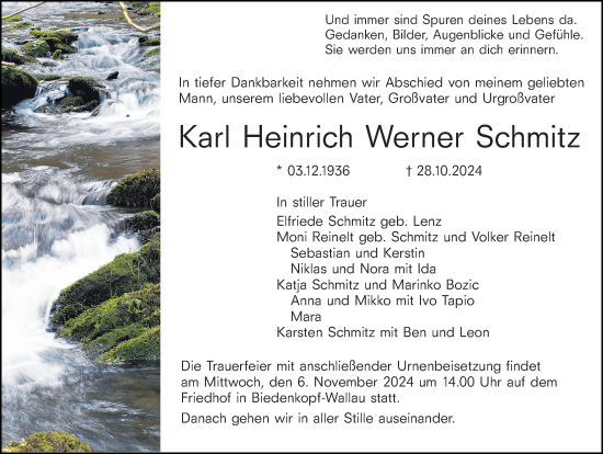 Traueranzeige von Karl Heinrich Werner Schmitz von Hinterländer Anzeiger