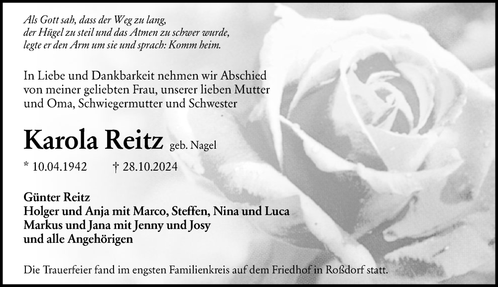 Traueranzeige für Karola Reitz vom 02.11.2024 aus Darmstädter Echo