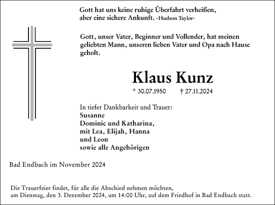 Traueranzeige von Klaus Kunz von Hinterländer Anzeiger