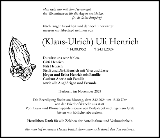 Traueranzeige von Klaus-Ulrich Henrich von Dill Block