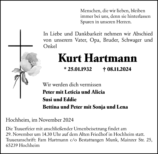 Traueranzeige von Kurt Hartmann von Hochheimer Zeitung