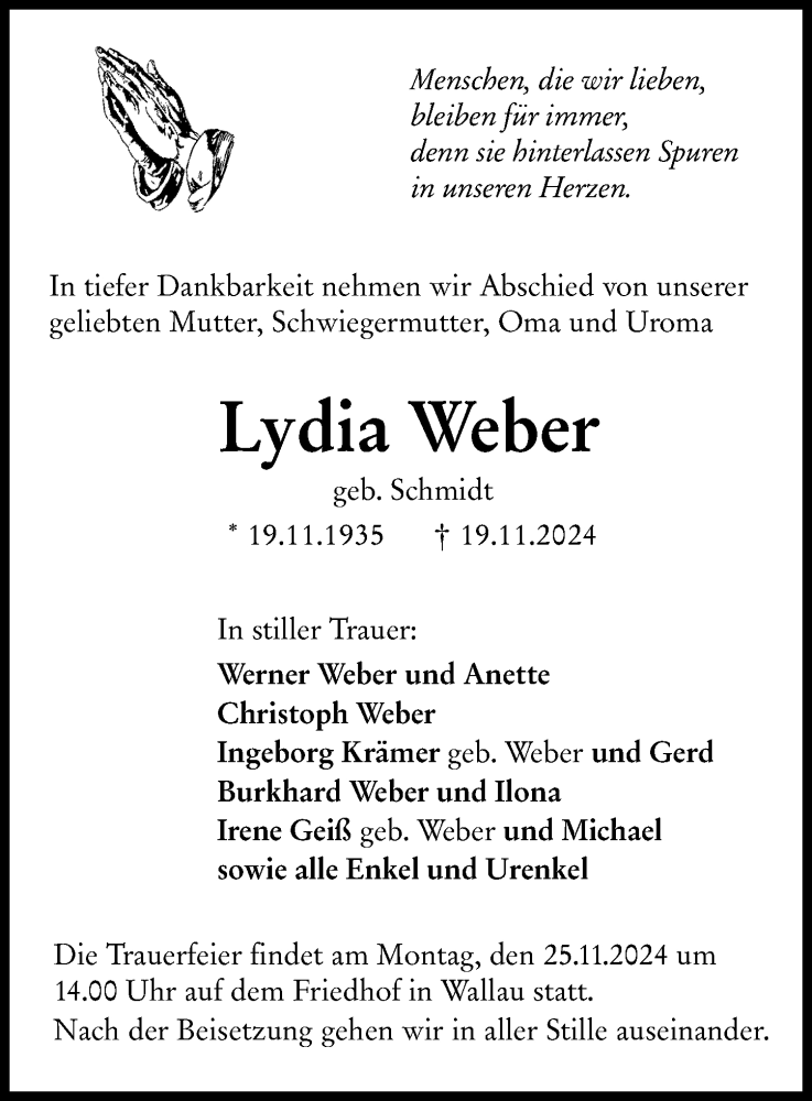  Traueranzeige für Lydia Weber vom 22.11.2024 aus Hinterländer Anzeiger