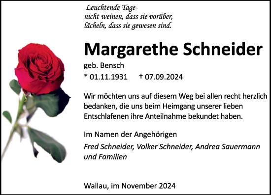 Traueranzeige von Margarethe Schneider von Hinterländer Anzeiger