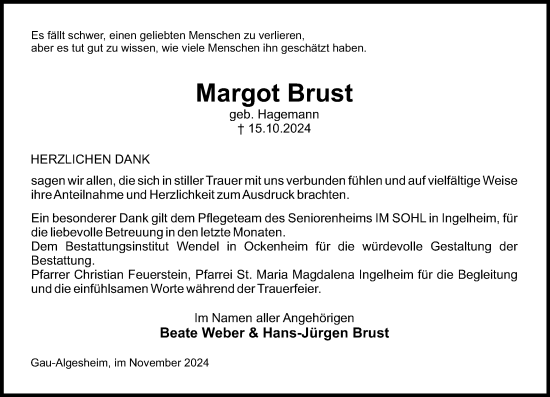 Traueranzeige von Margot Brust von Allgemeine Zeitung Rheinhessen-Nahe