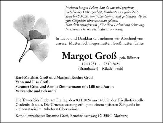 Traueranzeige von Margot Groß von Hinterländer Anzeiger