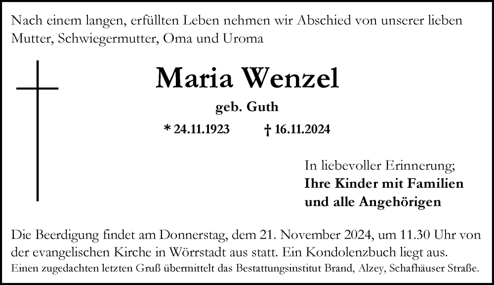  Traueranzeige für Maria Wenzel vom 19.11.2024 aus Allgemeine Zeitung Alzey