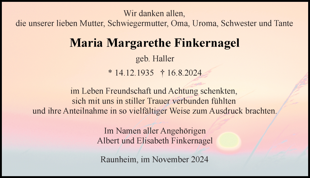  Traueranzeige für Maria Margarethe Finkernagel vom 09.11.2024 aus Rüsselsheimer Echo