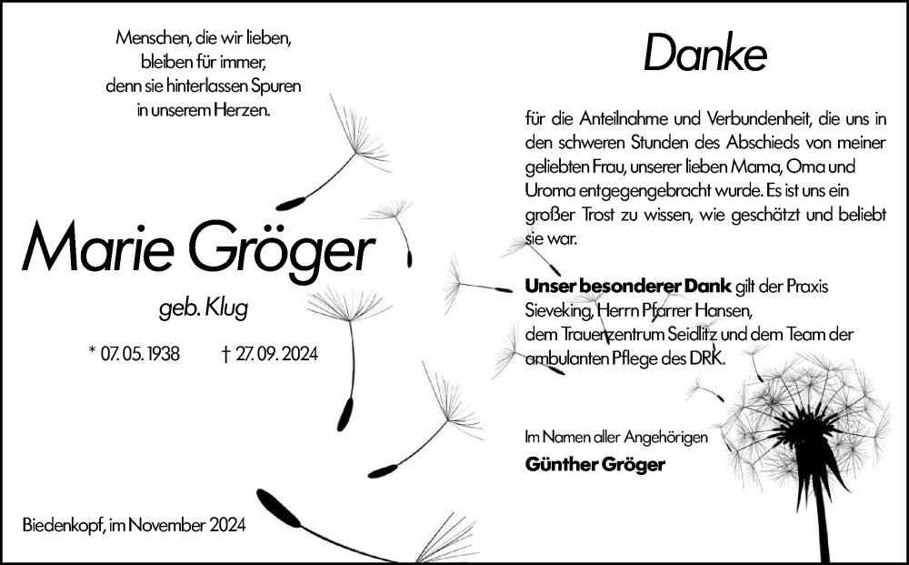  Traueranzeige für Marie Gröger vom 09.11.2024 aus Hinterländer Anzeiger