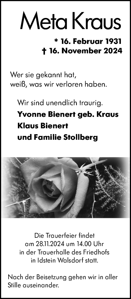 Traueranzeige von Meta Kraus von Idsteiner Land/Untertaunus
