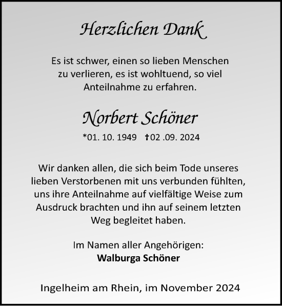 Traueranzeige von Norbert Schöner von Allgemeine Zeitung Rheinhessen-Nahe