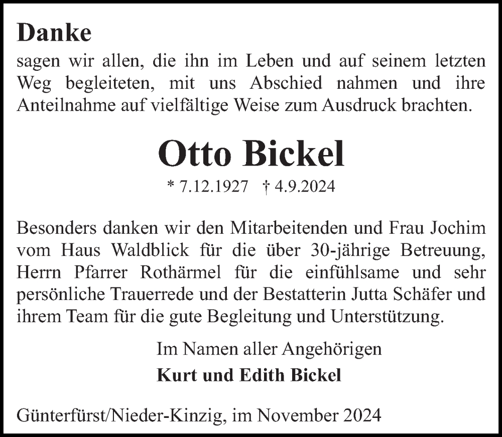  Traueranzeige für Otto Bickel vom 02.11.2024 aus Odenwälder Echo
