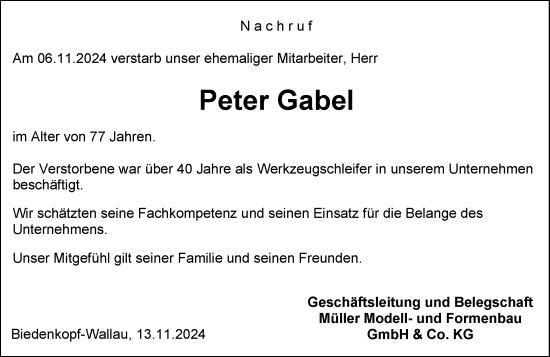 Traueranzeige von Peter Gabel von Hinterländer Anzeiger