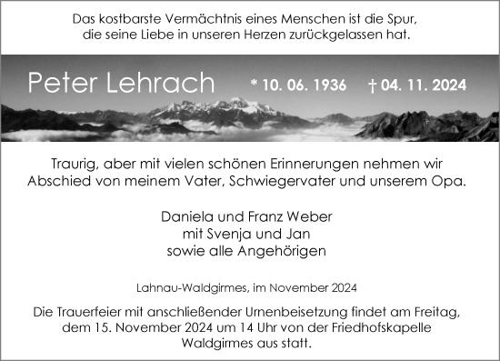 Traueranzeige von Peter Lehrach von Wetzlarer Neue Zeitung
