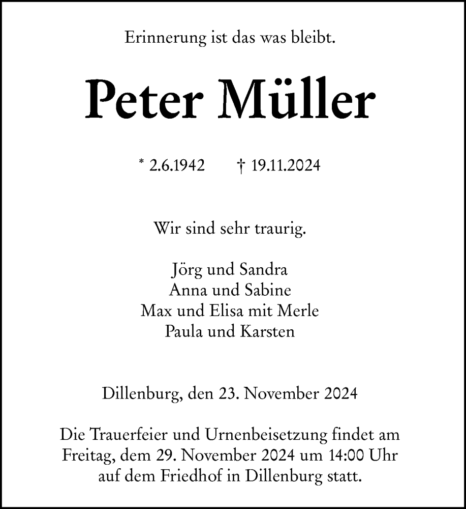  Traueranzeige für Peter Müller vom 23.11.2024 aus Dill Block