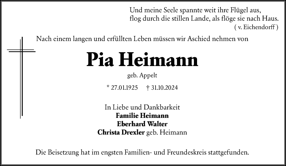  Traueranzeige für Pia Heimann vom 09.11.2024 aus Wiesbadener Kurier