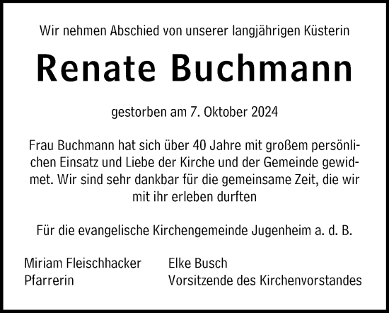 Traueranzeige von Renate Buchmann von Darmstädter Echo