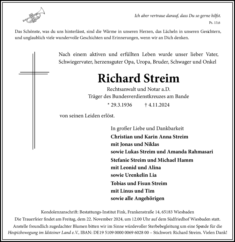  Traueranzeige für Richard Streim vom 09.11.2024 aus Rüsselsheimer Echo