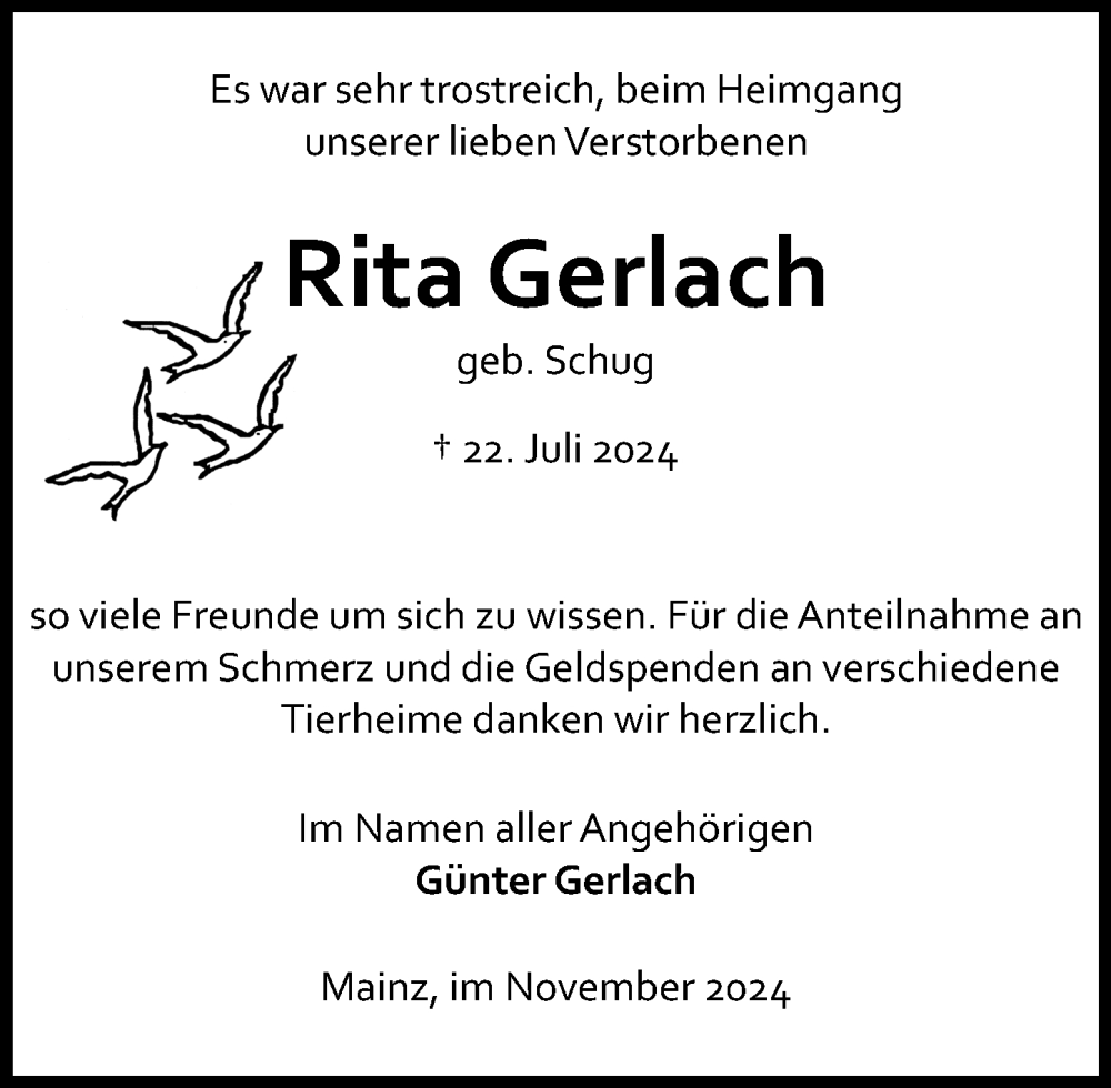  Traueranzeige für Rita Gerlach vom 02.11.2024 aus Allgemeine Zeitung Mainz