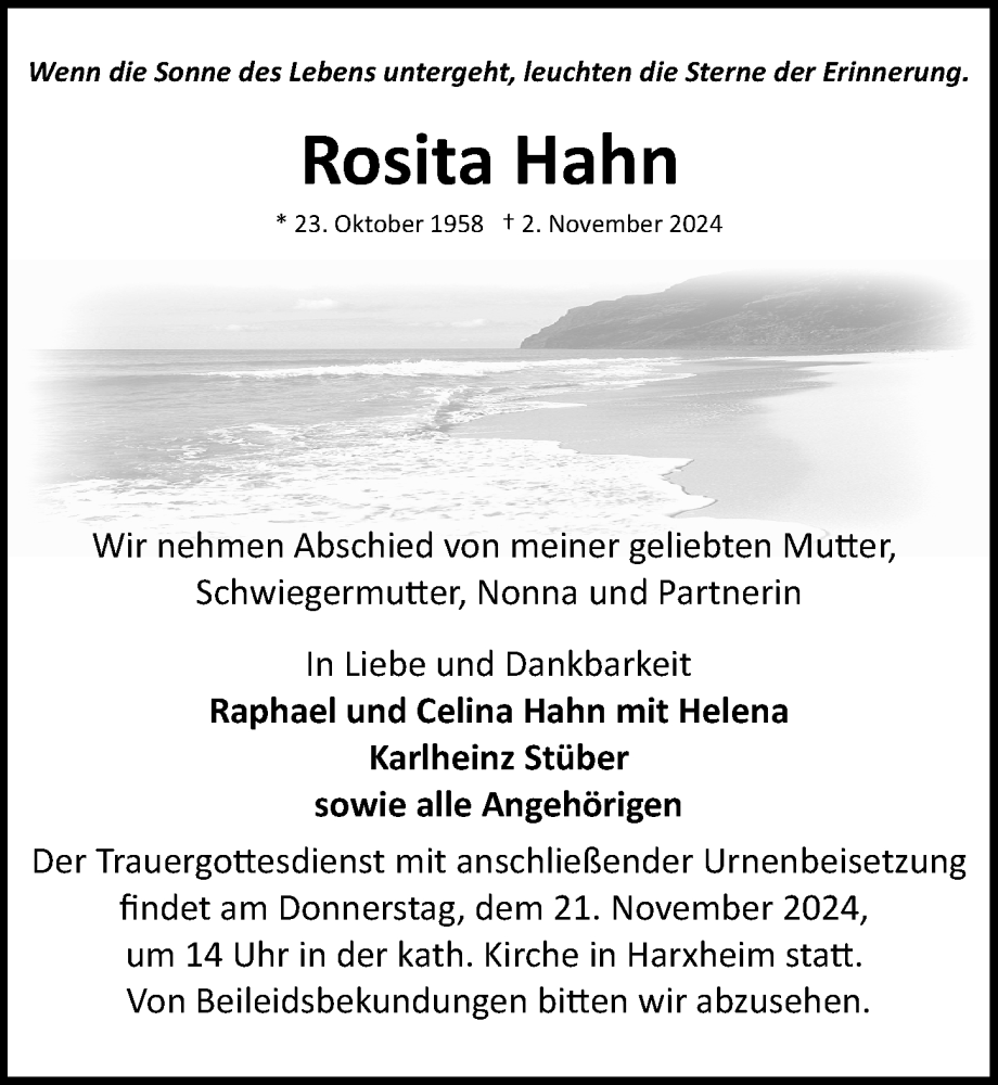  Traueranzeige für Rosita Hahn vom 16.11.2024 aus Allgemeine Zeitung Mainz