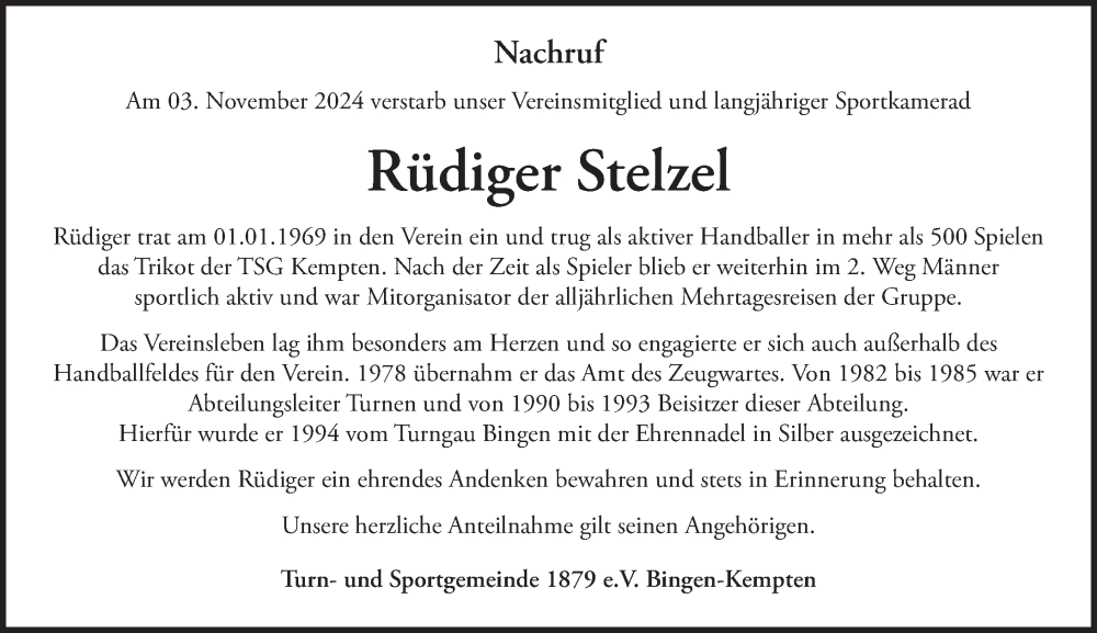  Traueranzeige für Rüdiger Stelzel vom 13.11.2024 aus Allgemeine Zeitung Rheinhessen-Nahe