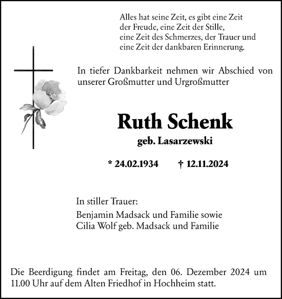 Traueranzeige von Ruth Schenk von Hochheimer Zeitung