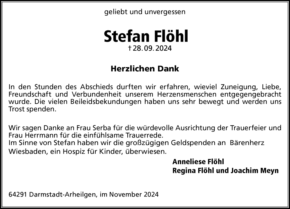  Traueranzeige für Stefan Flöhl vom 16.11.2024 aus Darmstädter Echo