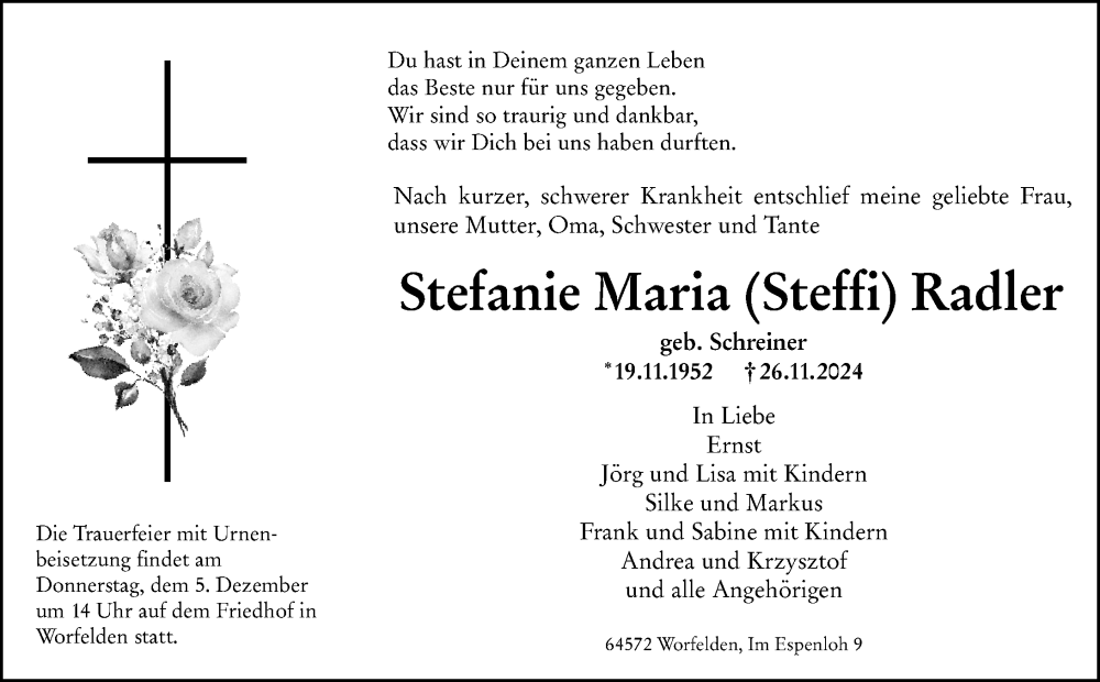  Traueranzeige für Stefanie Maria Radler vom 29.11.2024 aus Groß-Gerauer Echo