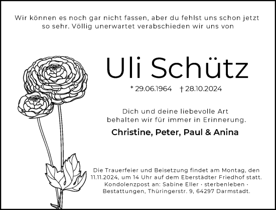 Traueranzeige von Uli Schütz von Darmstädter Echo