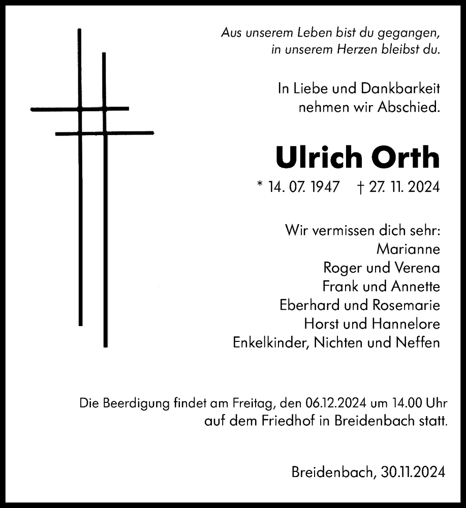  Traueranzeige für Ulrich Orth vom 30.11.2024 aus Hinterländer Anzeiger