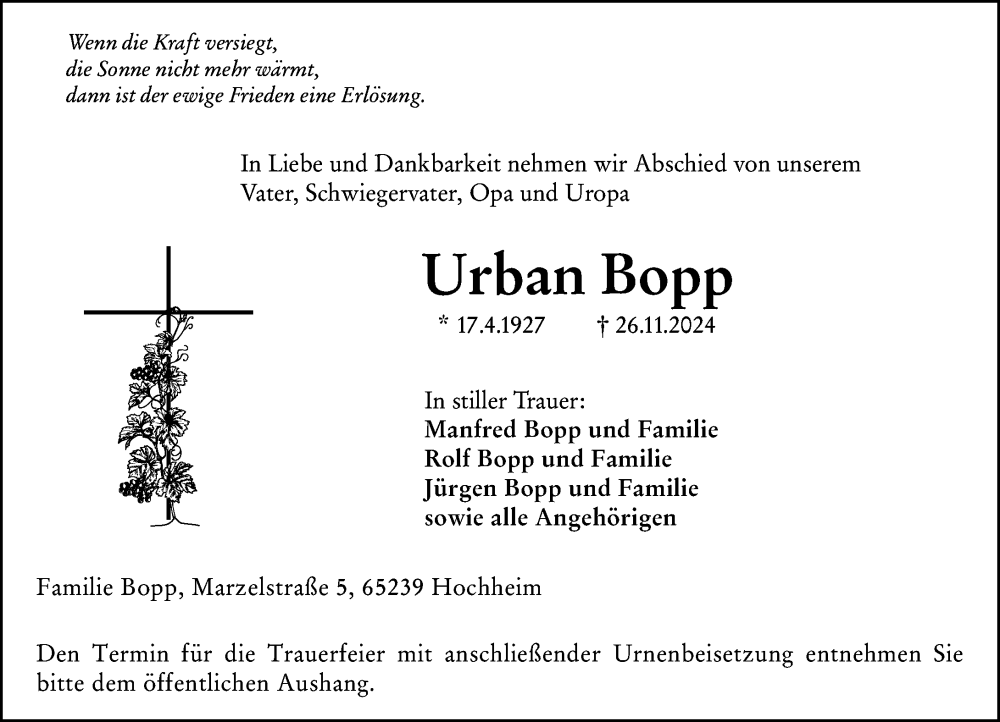  Traueranzeige für Urban Bopp vom 29.11.2024 aus Hochheimer Zeitung