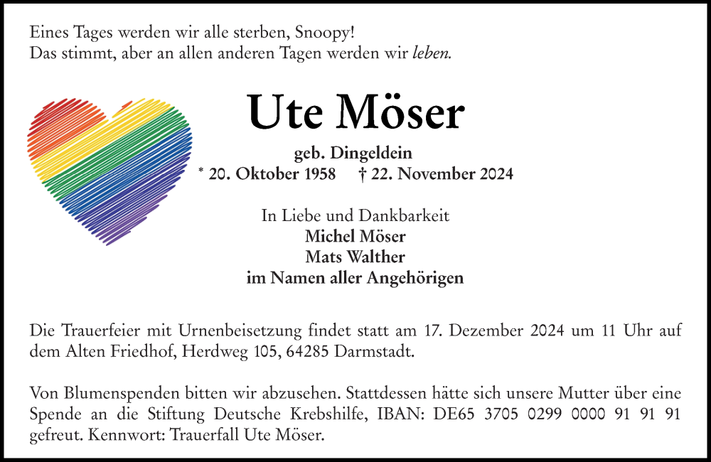  Traueranzeige für Ute Möser vom 30.11.2024 aus Darmstädter Echo