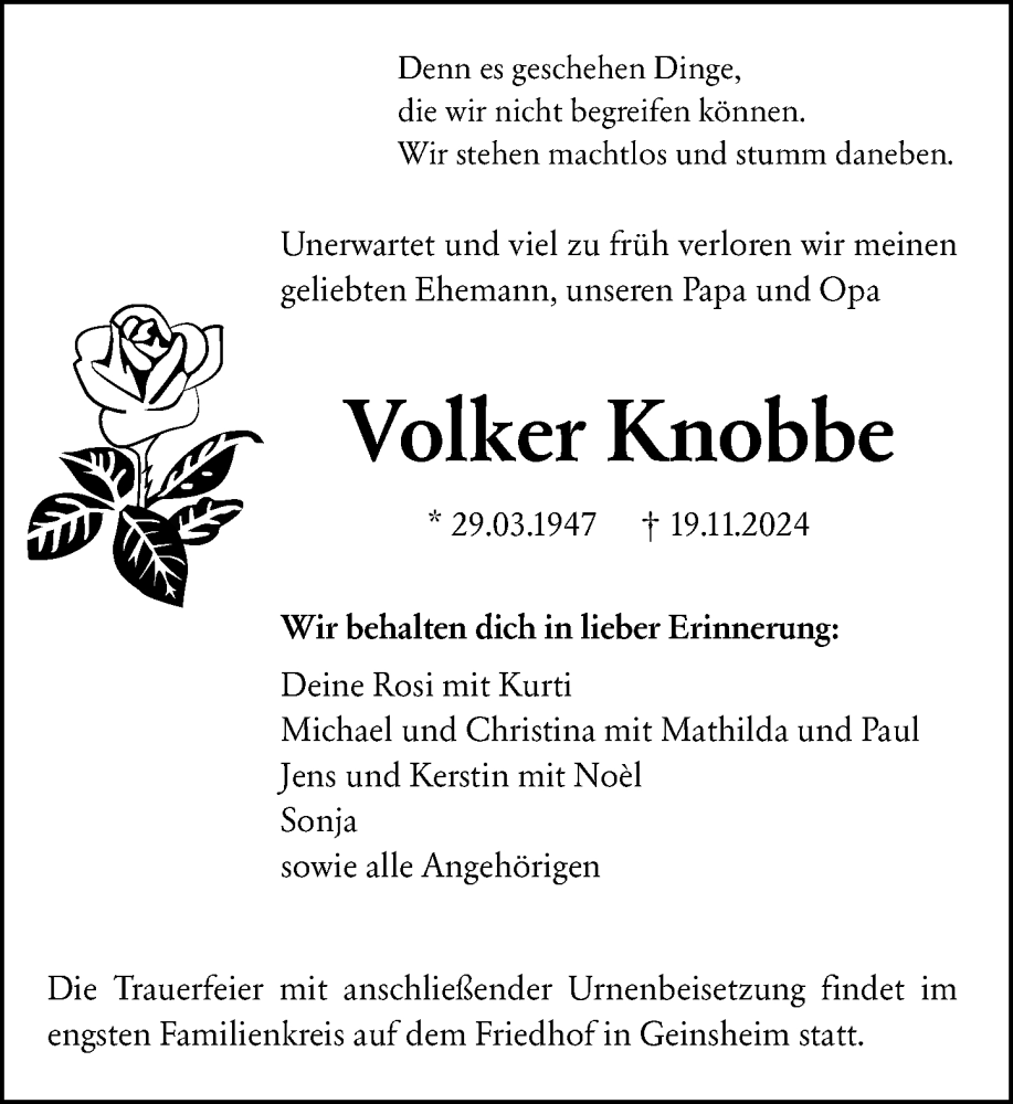  Traueranzeige für Volker Knobbe vom 29.11.2024 aus Rüsselsheimer Echo